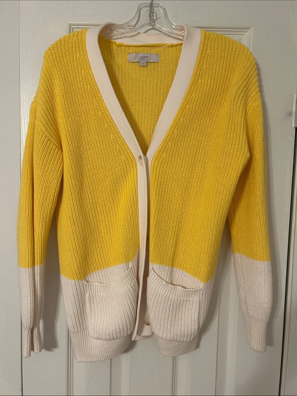 LOFT Yellow and Cream Colorblock V-Neck Cardigan